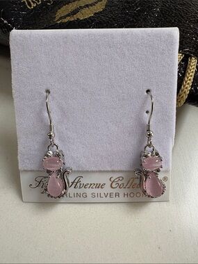 Pink Cateye Cat Dangle Earrings - Sterling Silver Hooks💖🐯🌸🐯💝